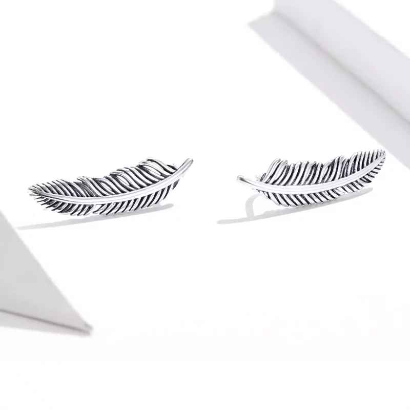 (imagen para) Estilo Pandora Plata Luz Como Una Pluma Pendientes de Botón - SCE865 - Ver 2