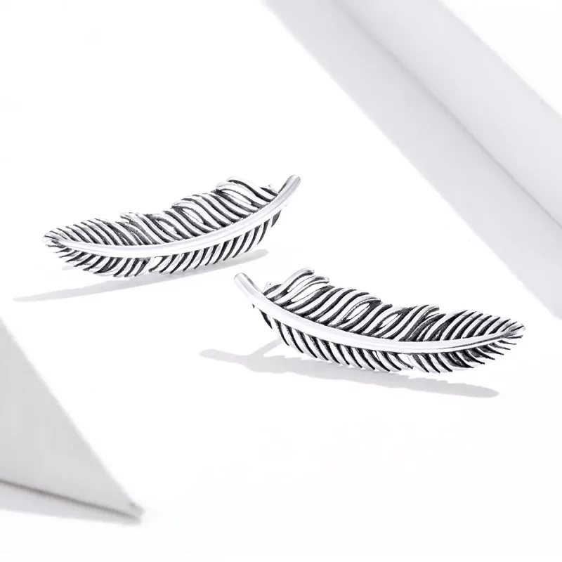 (imagen para) Estilo Pandora Plata Luz Como Una Pluma Pendientes de Botón - SCE865 - Ver 3