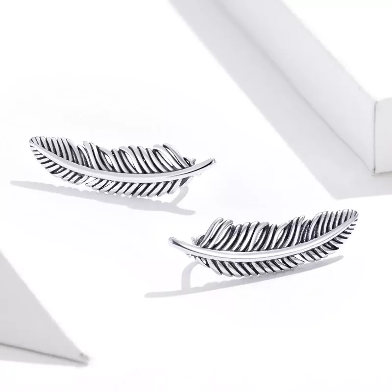 (imagen para) Estilo Pandora Plata Luz Como Una Pluma Pendientes de Botón - SCE865 - Ver 4