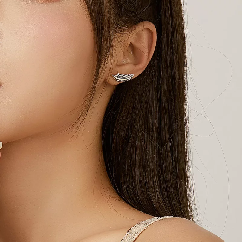 (imagen para) Estilo Pandora Plata Luz Como Una Pluma Pendientes de Botón - SCE865 - Ver 5