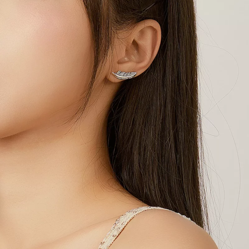 (imagen para) Estilo Pandora Plata Luz Como Una Pluma Pendientes de Botón - SCE865 - Ver 6