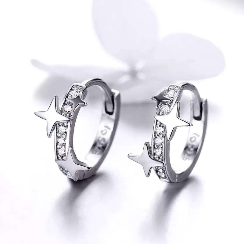 (imagen para) Estilo Pandora Plata Un par de aretes de argolla con estrella de los deseos - BS - Ver 2