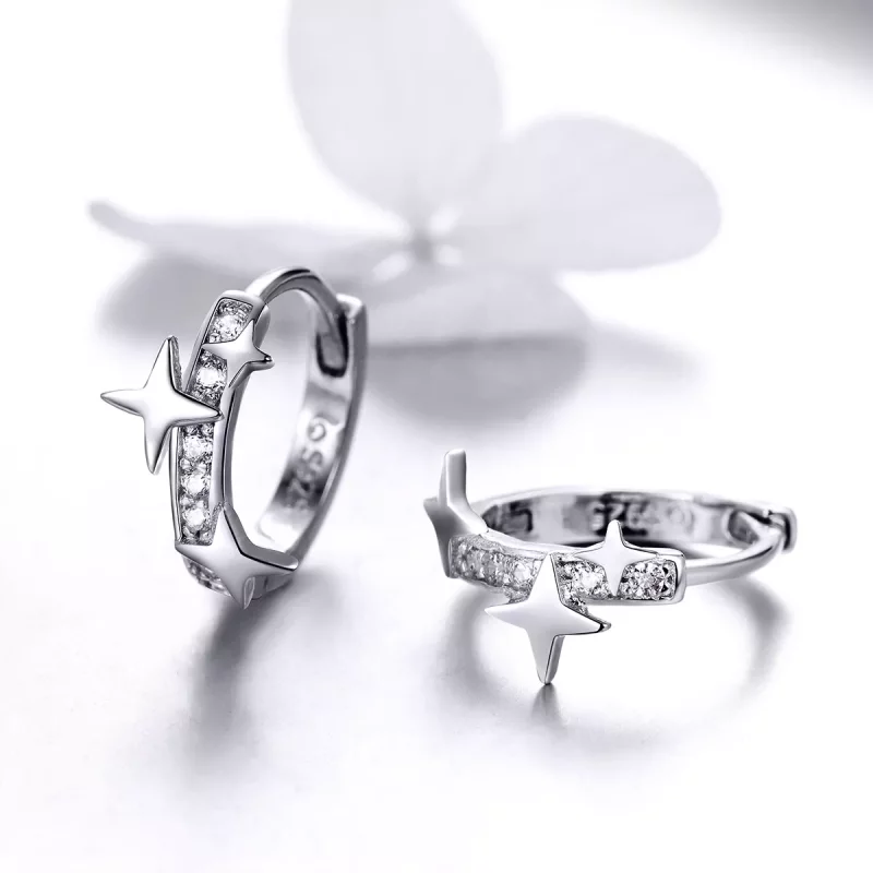 (imagen para) Estilo Pandora Plata Un par de aretes de argolla con estrella de los deseos - BS - Ver 3