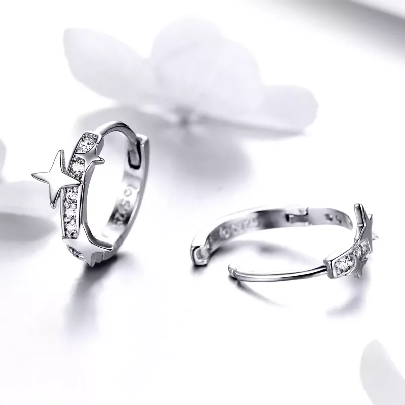 (imagen para) Estilo Pandora Plata Un par de aretes de argolla con estrella de los deseos - BS - Ver 4