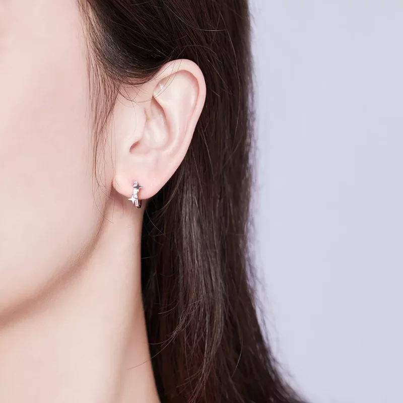 (imagen para) Estilo Pandora Plata Un par de aretes de argolla con estrella de los deseos - BS - Ver 5