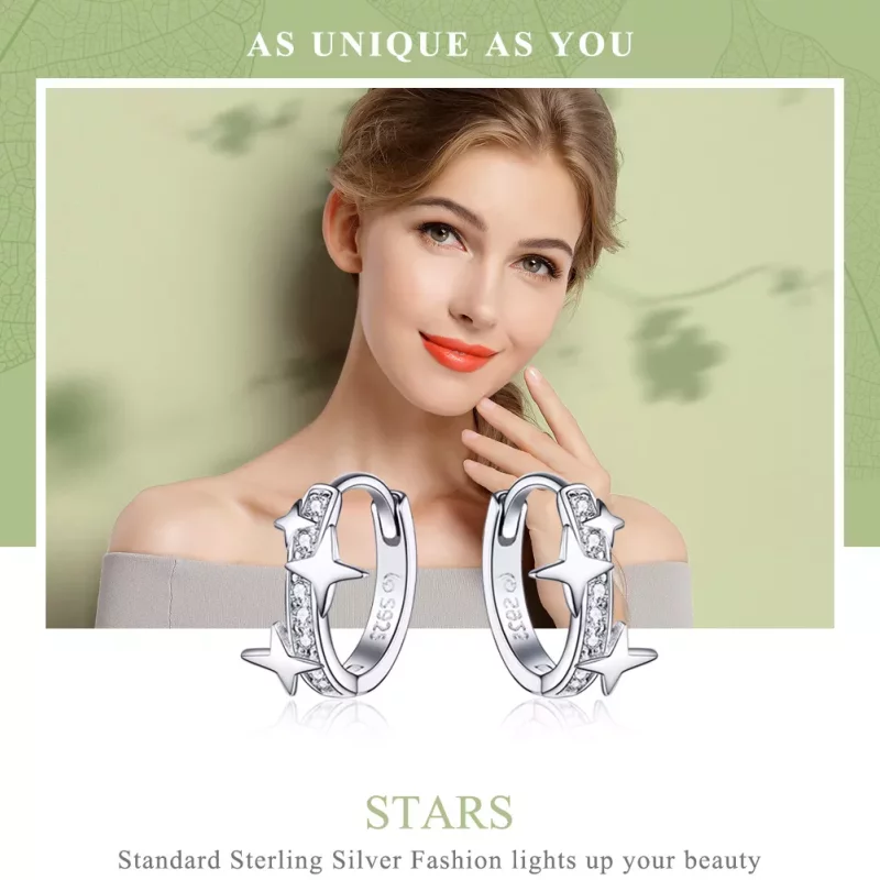 (imagen para) Estilo Pandora Plata Un par de aretes de argolla con estrella de los deseos - BS - Ver 6