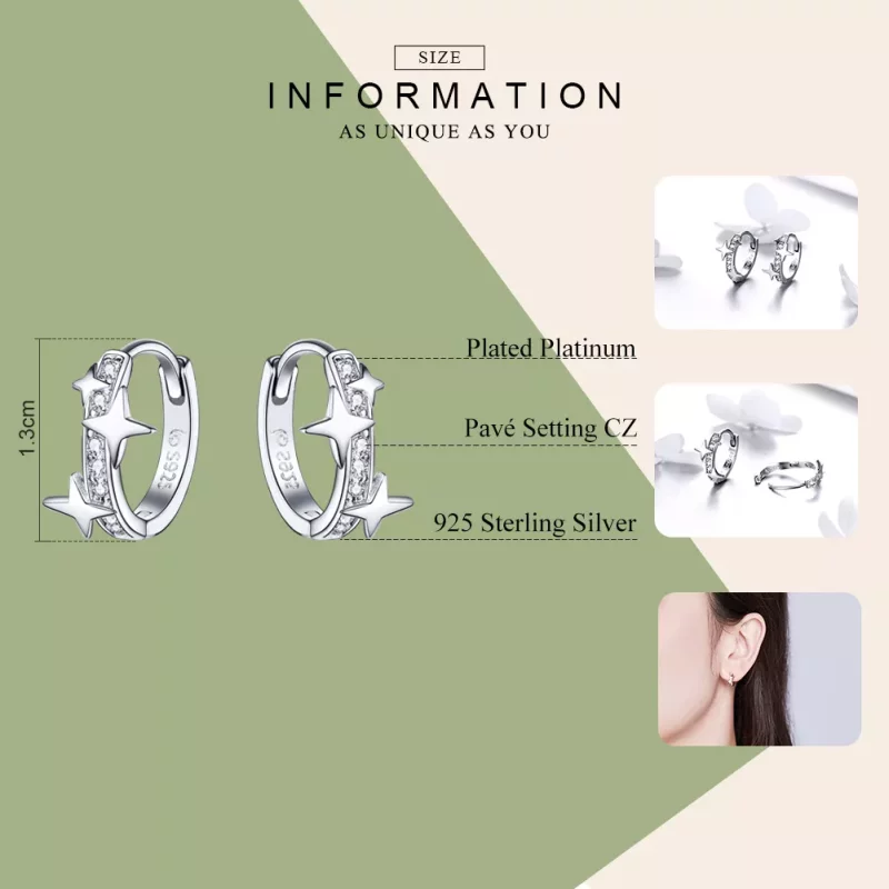 (imagen para) Estilo Pandora Plata Un par de aretes de argolla con estrella de los deseos - BS - Ver 7