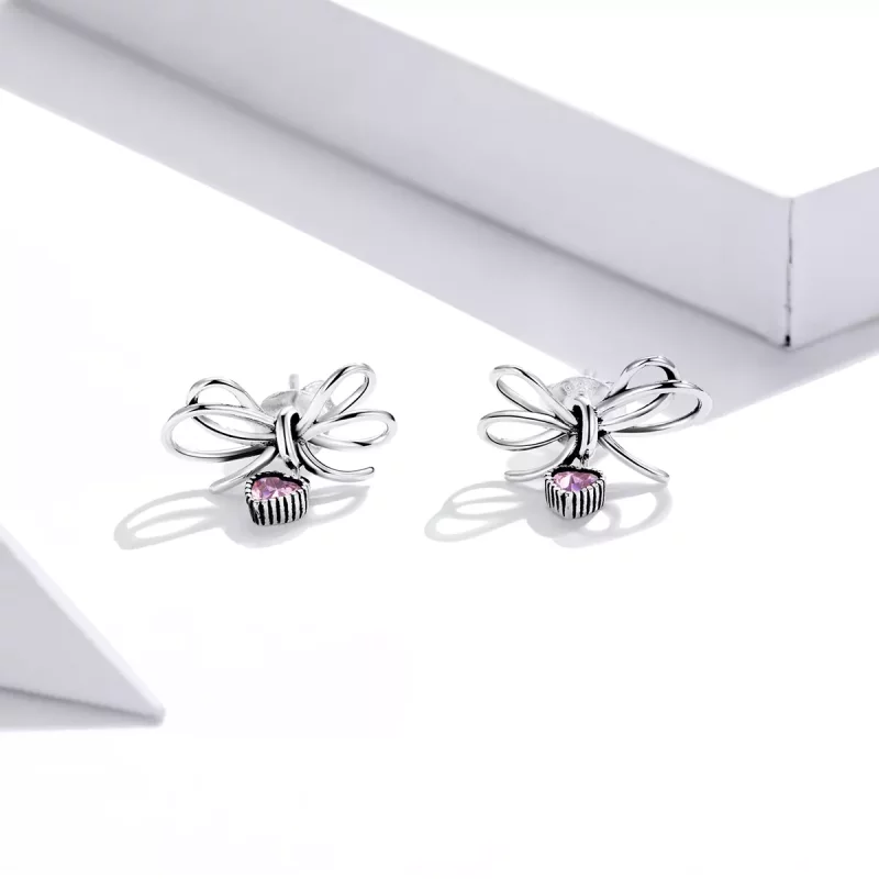 (imagen para) Estilo Pandora Regalo de Plata con Pendientes de Botón y Lazo - SCE962 - Ver 2