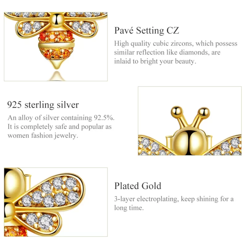 (imagen para) EstiPandora Pendientes de Abeja Reiki Chapados en Oro - SCE344-B - Ver 3