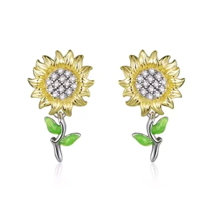 (imagen para) Estos aretes de botón de estilo Pandora en dos tonos bicolor con diseño de girasol - SCE919