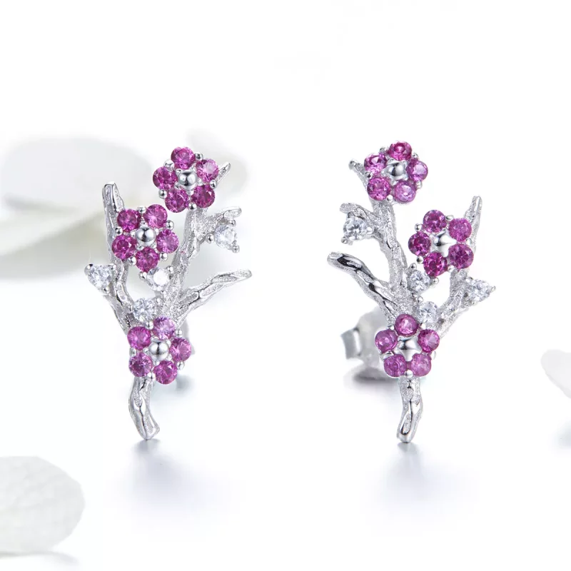 (imagen para) Estos aretes de botón de estilo Pandora en plata con diseño de flores de durazno - Ver 2