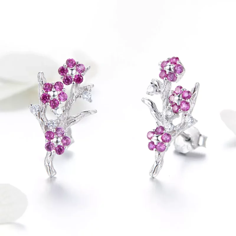 (imagen para) Estos aretes de botón de estilo Pandora en plata con diseño de flores de durazno - Ver 3