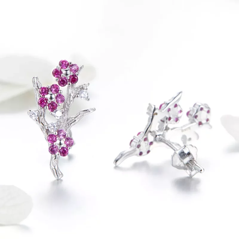(imagen para) Estos aretes de botón de estilo Pandora en plata con diseño de flores de durazno - Ver 4
