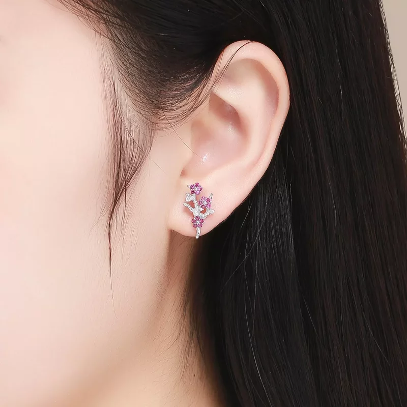 (imagen para) Estos aretes de botón de estilo Pandora en plata con diseño de flores de durazno - Ver 5