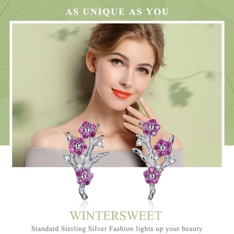 (imagen para) Estos aretes de botón de estilo Pandora en plata con diseño de flores de durazno - Ver 6