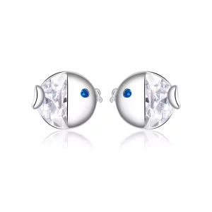 Estos aretes de botón de plata estilo Pandora presentan dos peces besándose - BSE204 (imagen para) Estos aretes de botón de plata estilo Pandora presentan dos peces besándose - BSE204