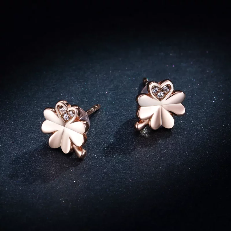 (imagen para) Estos aretes de botón estilo Pandora en color oro rosa con trébol - BSE233 - Ver 8