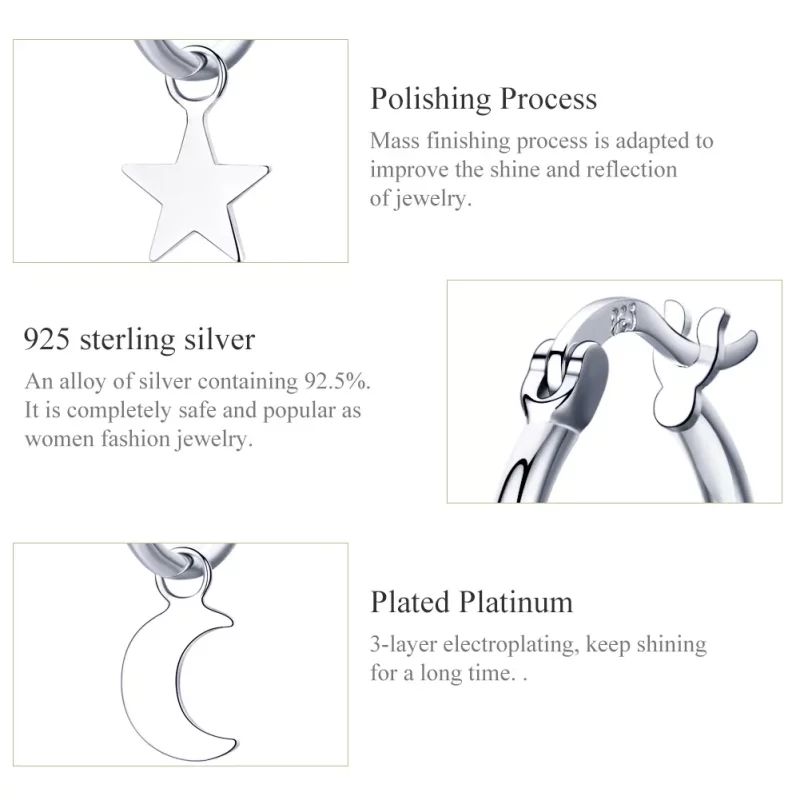 (imagen para) Pendientes colgantes asimétricos estilo Pandora de plata con estrella y luna - S - Ver 3