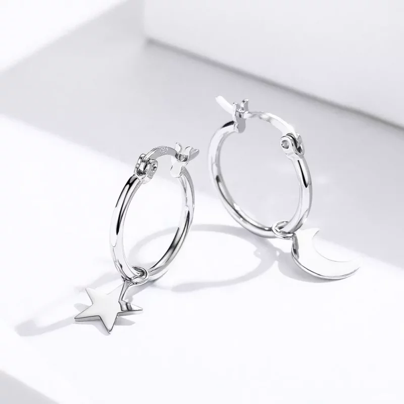 (imagen para) Pendientes colgantes asimétricos estilo Pandora de plata con estrella y luna - S - Ver 2