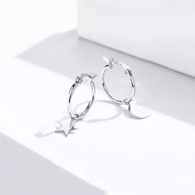 (imagen para) Pendientes colgantes asimétricos estilo Pandora de plata con estrella y luna - S - Ver 4