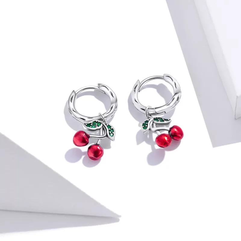 (imagen para) Pendientes colgantes de cereza plateados al estilo Pandora - SCE905 - Ver 2