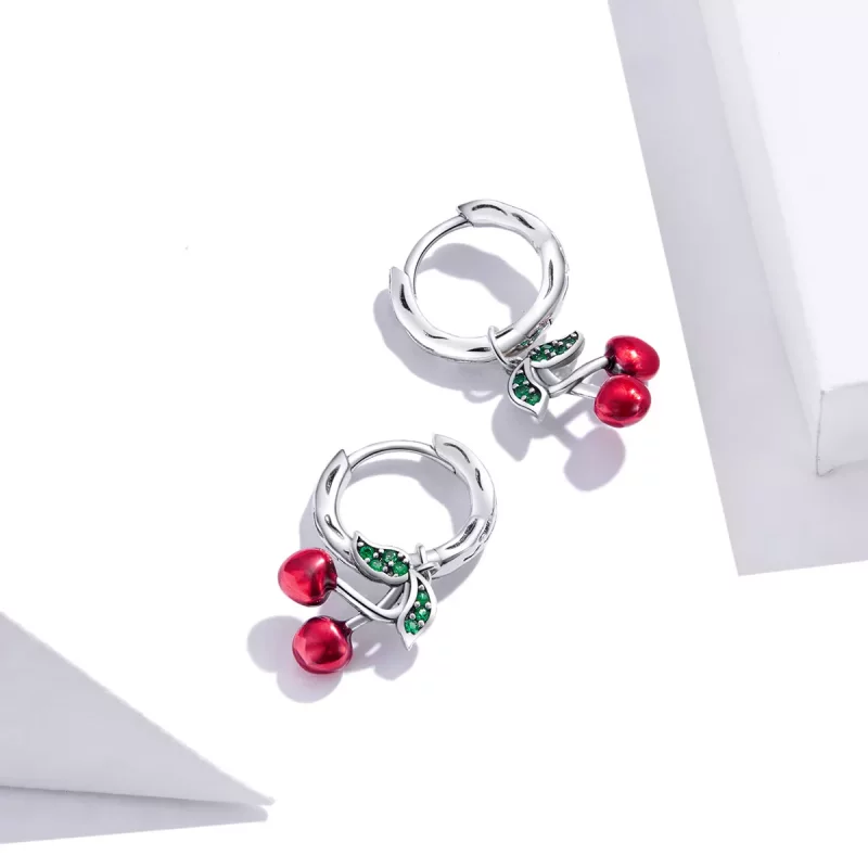 (imagen para) Pendientes colgantes de cereza plateados al estilo Pandora - SCE905 - Ver 3
