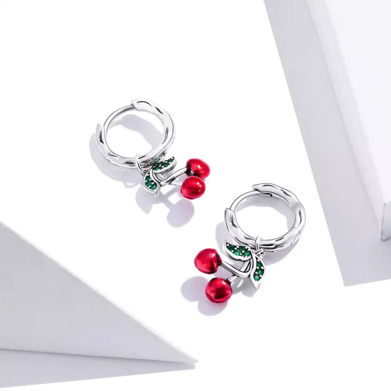 (imagen para) Pendientes colgantes de cereza plateados al estilo Pandora - SCE905 - Ver 4