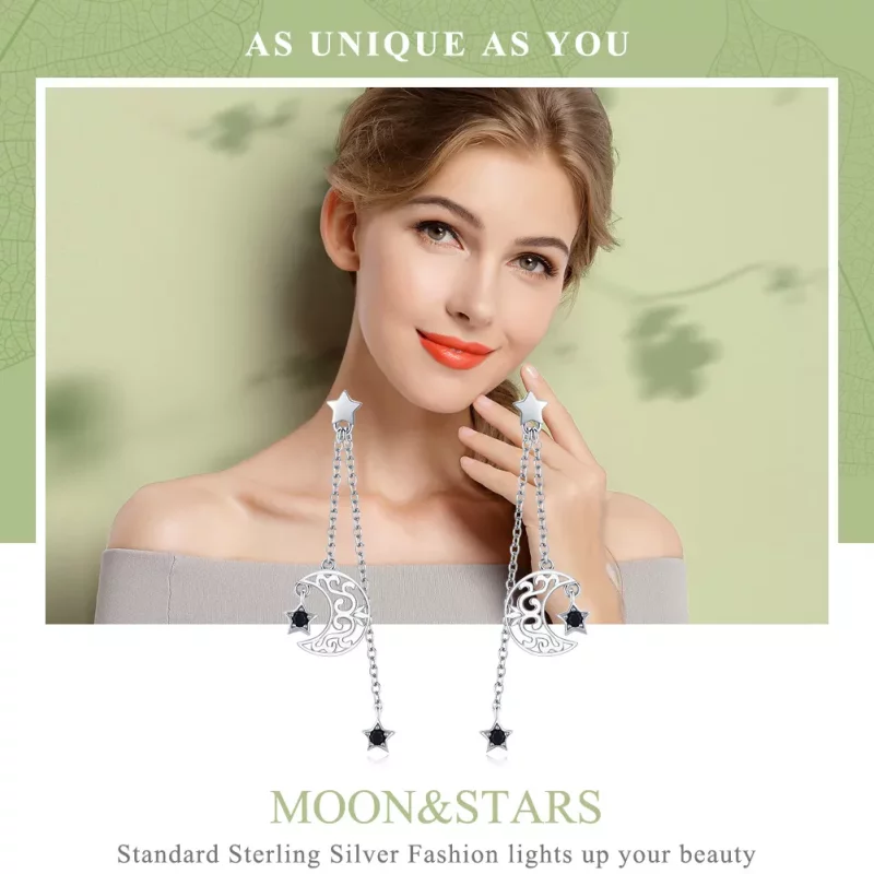 (imagen para) Pendientes colgantes de estilo Pandora con luna y estrellas en plata - SCE528 - Ver 2