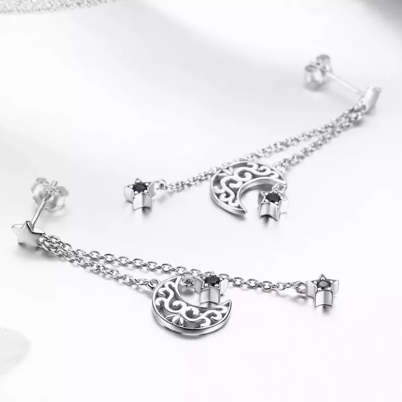(imagen para) Pendientes colgantes de estilo Pandora con luna y estrellas en plata - SCE528 - Ver 3