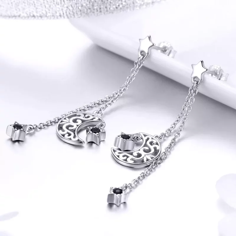 (imagen para) Pendientes colgantes de estilo Pandora con luna y estrellas en plata - SCE528 - Ver 4