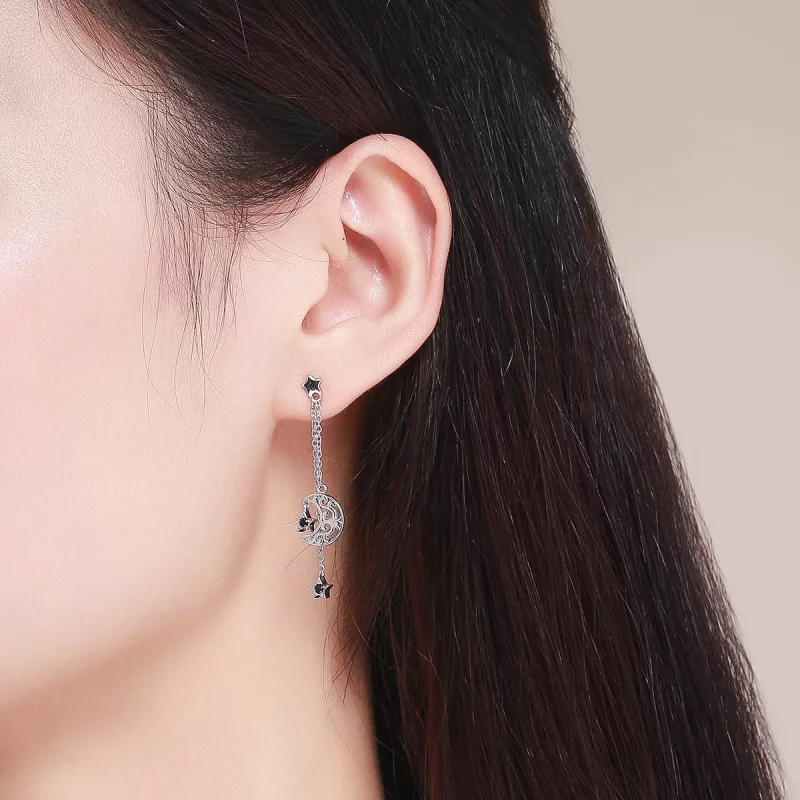 (imagen para) Pendientes colgantes de estilo Pandora con luna y estrellas en plata - SCE528 - Ver 5