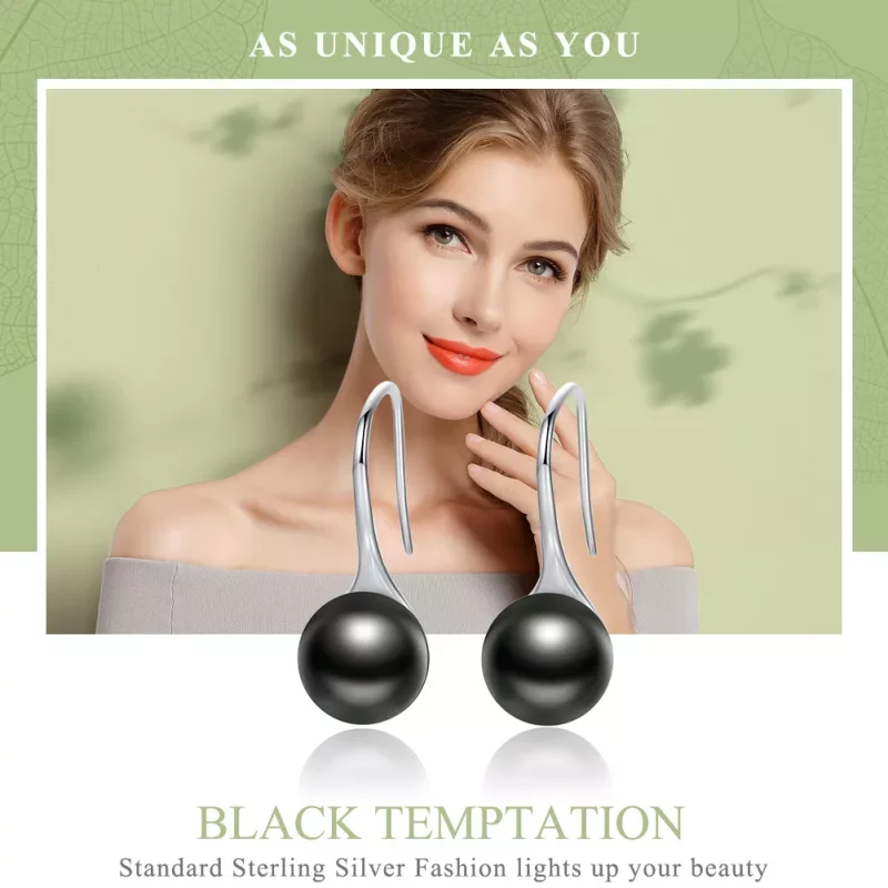 (imagen para) Pendientes colgantes de estilo Pandora de plata con perla negra - SCE144 - Ver 2