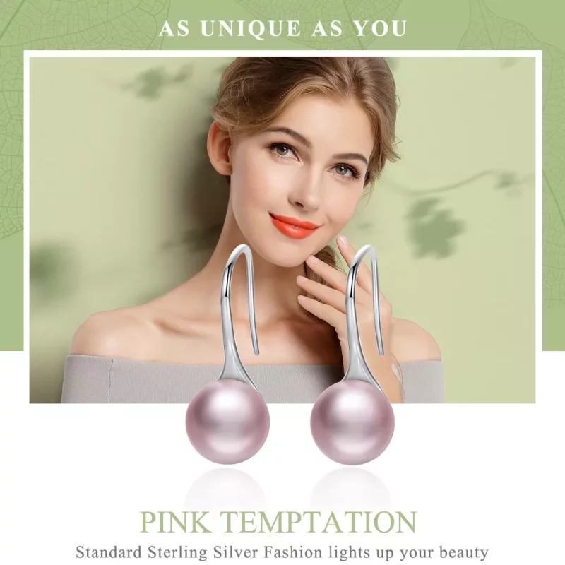 (imagen para) Pendientes colgantes de estilo Pandora de plata con perla rosa - SCE145 - Ver 2