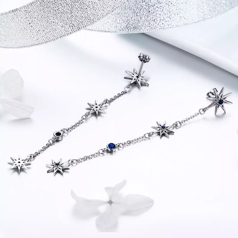 (imagen para) Pendientes colgantes de estilo Pandora de plata en forma de estrella octagonal - - Ver 2