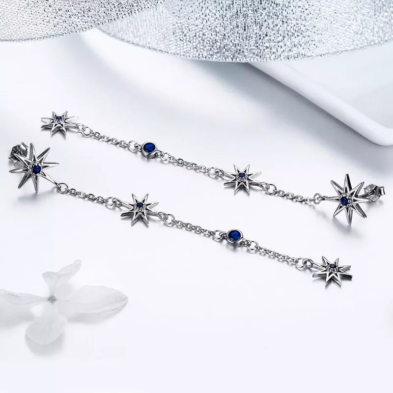 (imagen para) Pendientes colgantes de estilo Pandora de plata en forma de estrella octagonal - - Ver 4