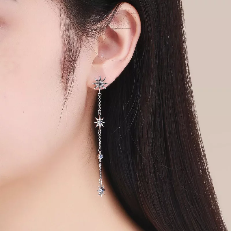 (imagen para) Pendientes colgantes de estilo Pandora de plata en forma de estrella octagonal - - Ver 5