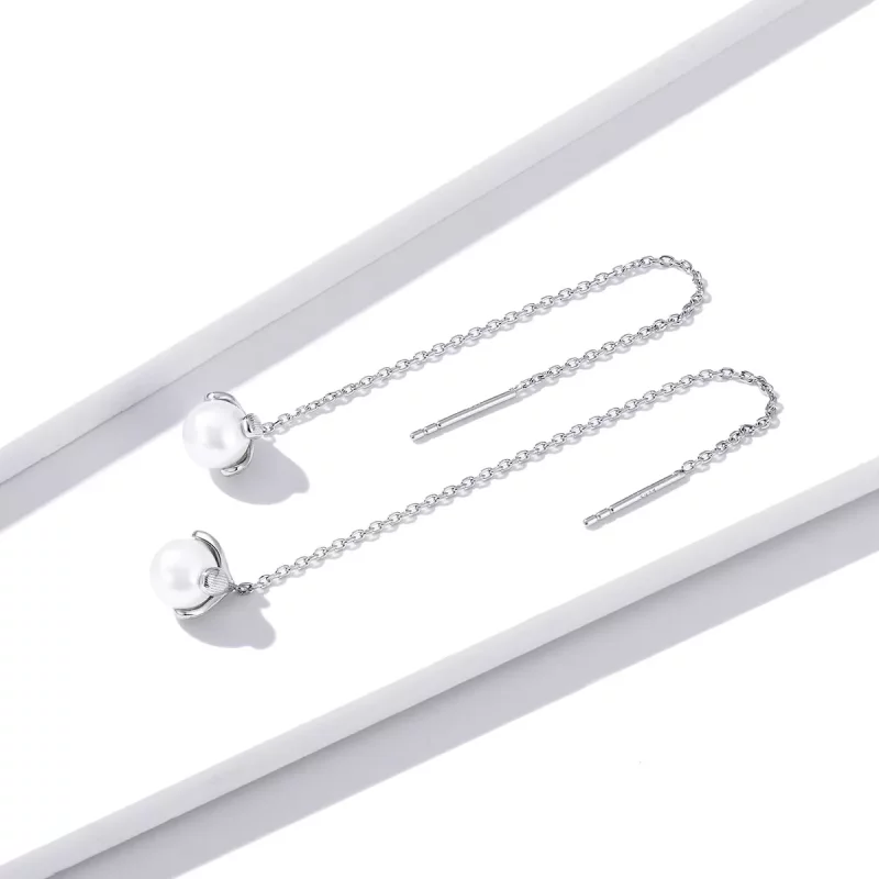 (imagen para) Pendientes colgantes de estilo Pandora en hilo de plata con flores puras - BSE37 - Ver 3