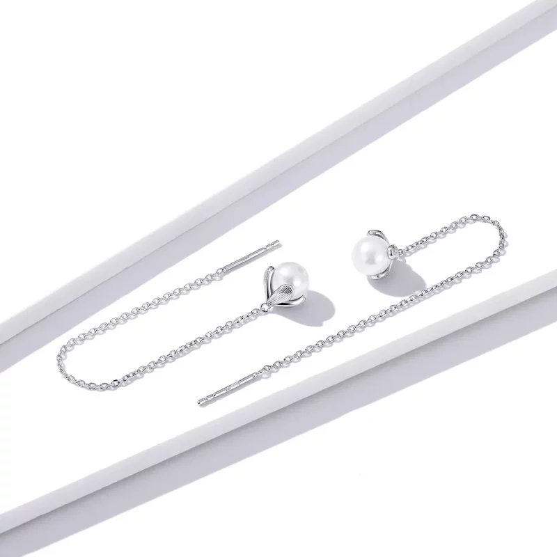 (imagen para) Pendientes colgantes de estilo Pandora en hilo de plata con flores puras - BSE37 - Ver 4