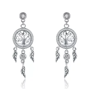 (imagen para) Pendientes colgantes de estilo Pandora en plata con árbol de la vida y atrapasueños - SCE457
