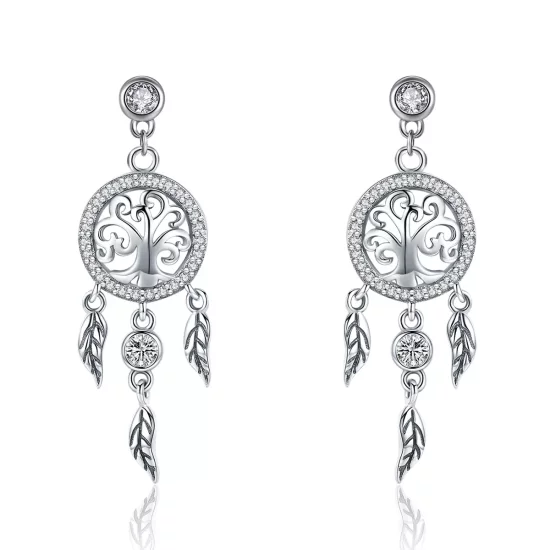 (imagen para) Pendientes colgantes de estilo Pandora en plata con árbol de la vida y atrapasueños - SCE457