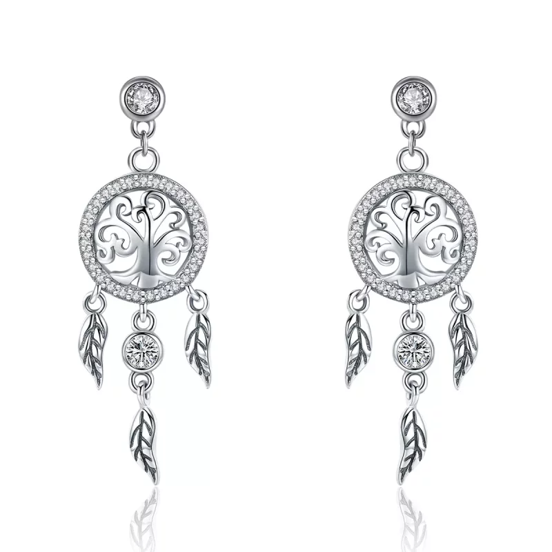 (imagen para) Pendientes colgantes de estilo Pandora en plata con árbol de la vida y atrapasueños - SCE457