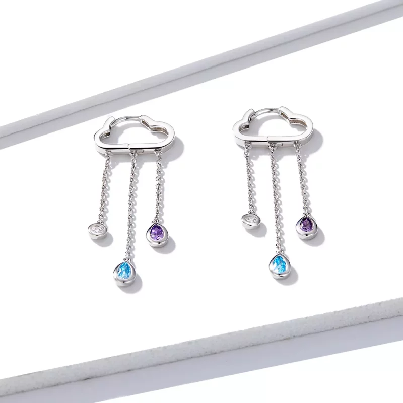 (imagen para) Pendientes colgantes de estilo Pandora plateados con nubes lluviosas - BSE220 - Ver 4
