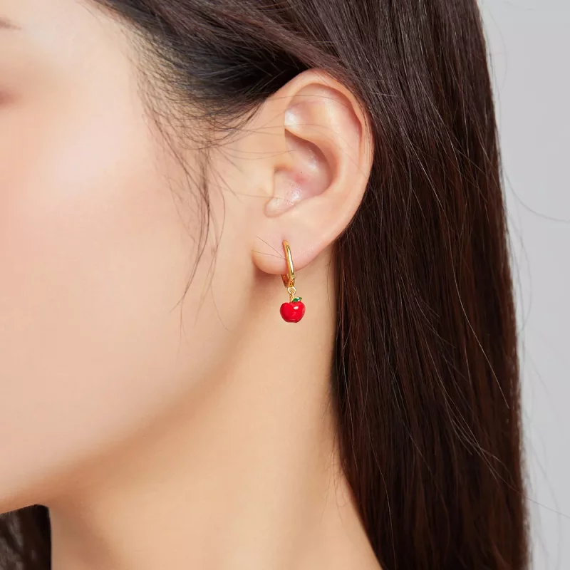 (imagen para) Pendientes colgantes de manzana chapados en oro de 18 quilates estilo Pandora - - Ver 4
