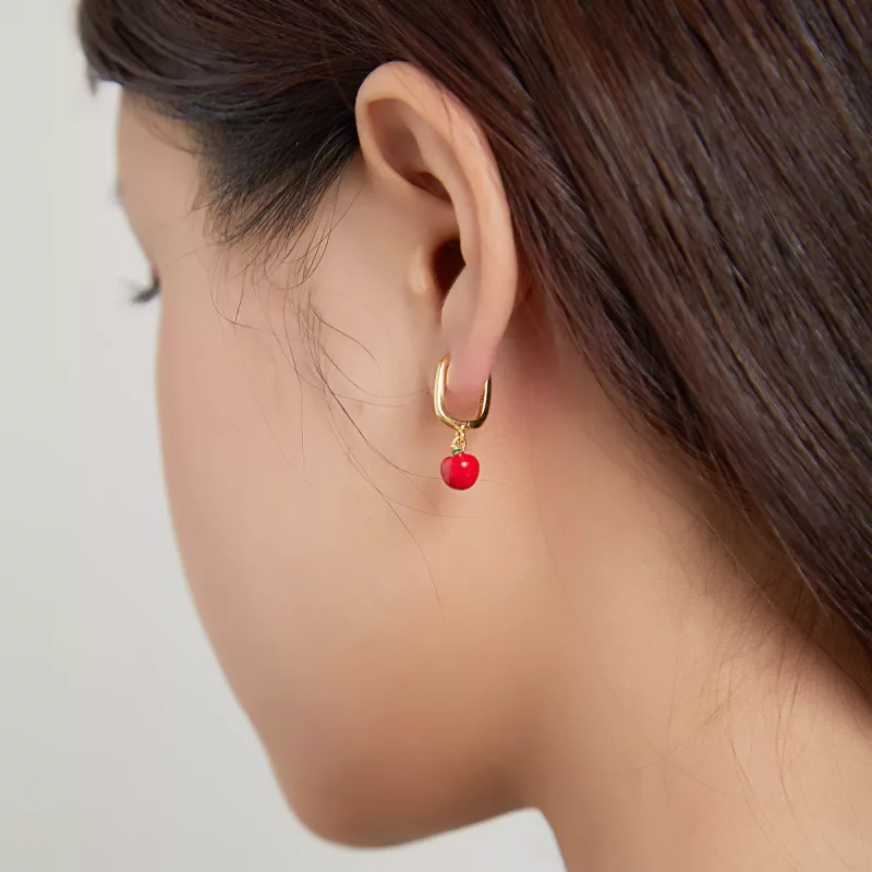 (imagen para) Pendientes colgantes de manzana chapados en oro de 18 quilates estilo Pandora - - Ver 5