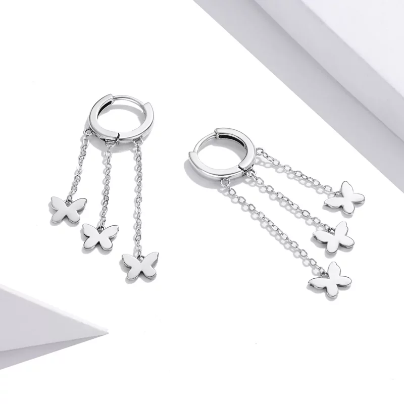 (imagen para) Pendientes colgantes de mariposa con borla plateada estilo Pandora - SCE1173 - Ver 2