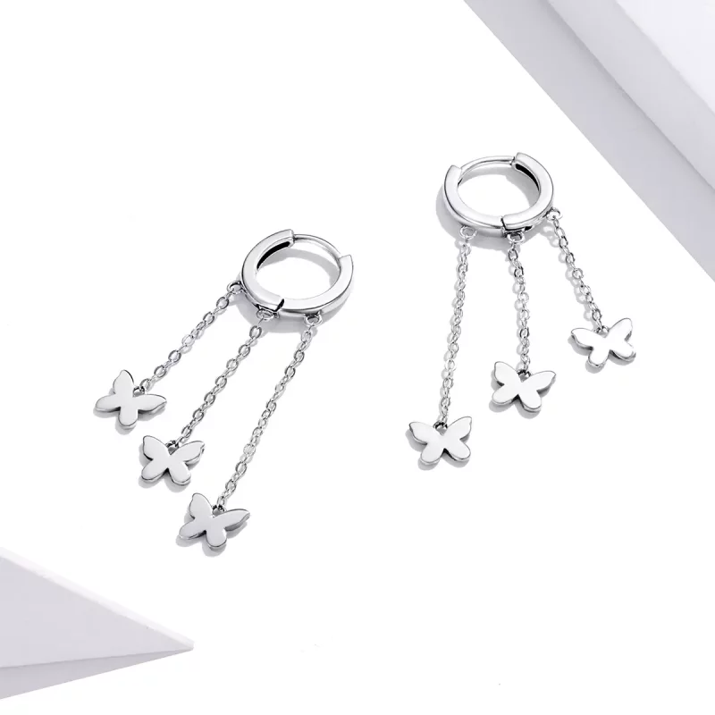 (imagen para) Pendientes colgantes de mariposa con borla plateada estilo Pandora - SCE1173 - Ver 3