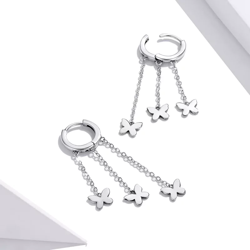 (imagen para) Pendientes colgantes de mariposa con borla plateada estilo Pandora - SCE1173 - Ver 4