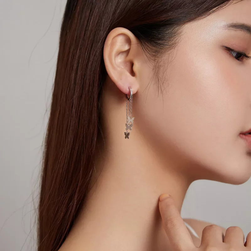 (imagen para) Pendientes colgantes de mariposa con borla plateada estilo Pandora - SCE1173 - Ver 5