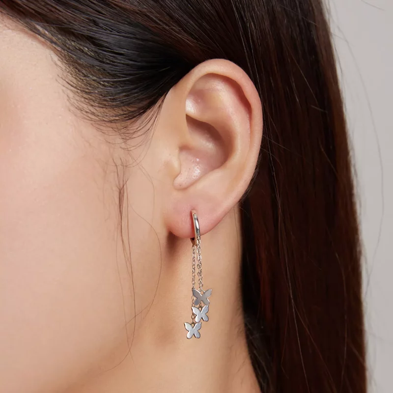 (imagen para) Pendientes colgantes de mariposa con borla plateada estilo Pandora - SCE1173 - Ver 6