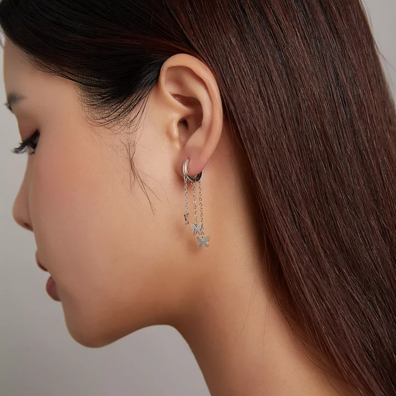 (imagen para) Pendientes colgantes de mariposa con borla plateada estilo Pandora - SCE1173 - Ver 7